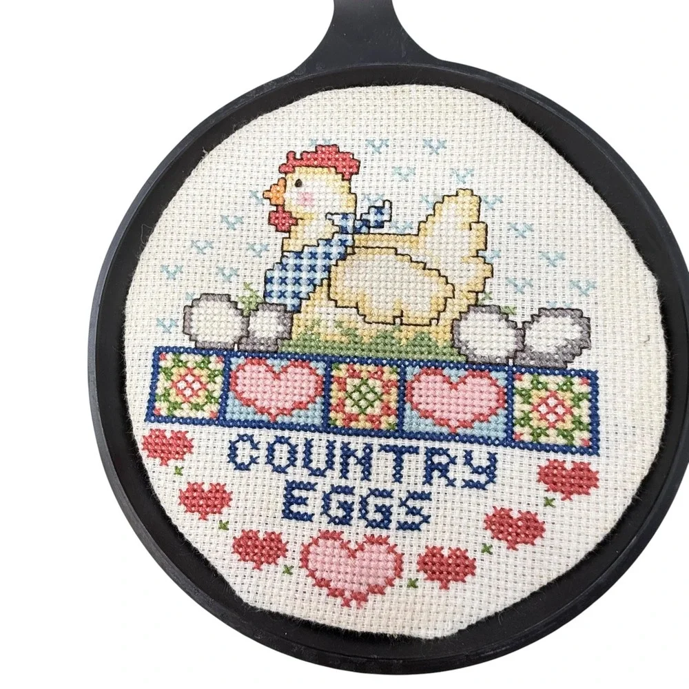 Cross Stitch Fry Pan Wall Decor Country Eggs & Bacon Pig Chicken Farmhouse